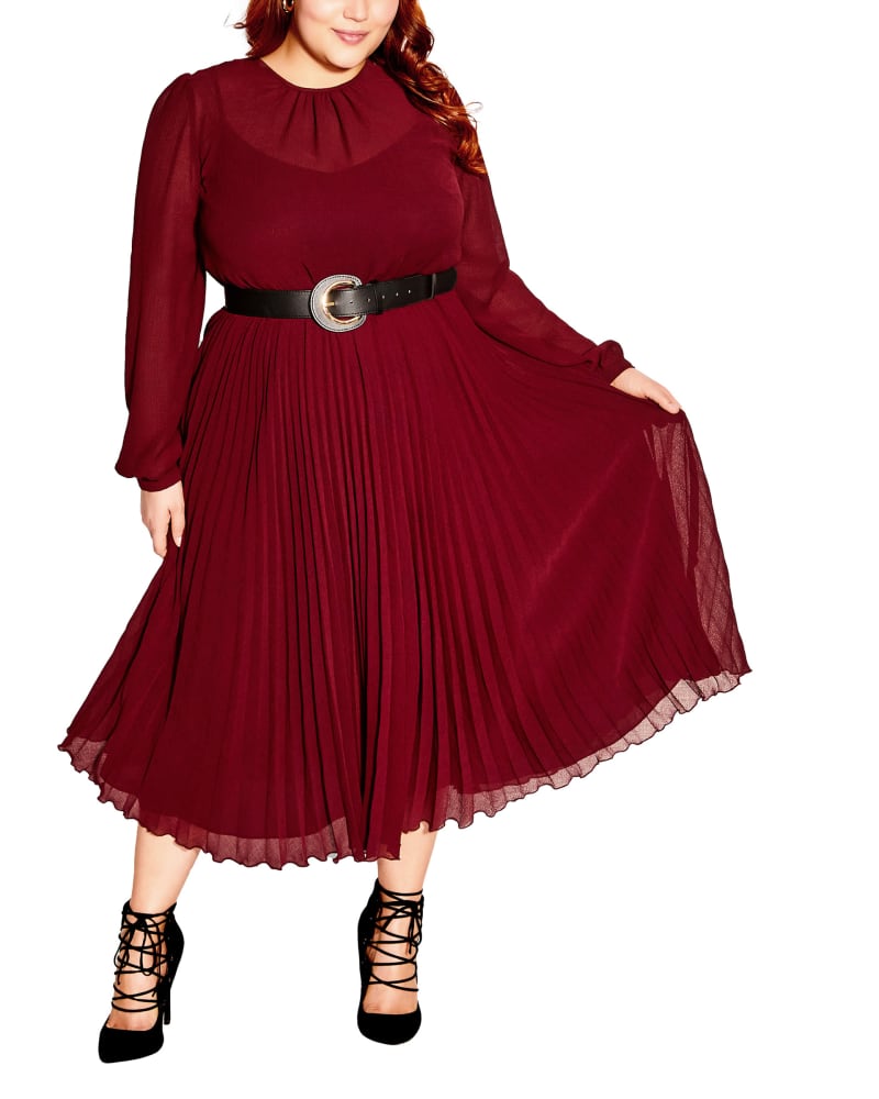 Front of a model wearing a size M Kimberly Love Pleat Dress in Garnet by City Chic. | dia_product_style_image_id:302817
